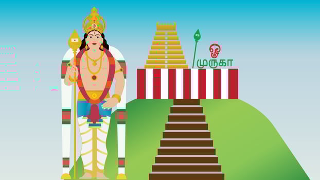 illustration of Hindu God Murugan Skanda Kartikeya Subrahmanya .along with his temple vector