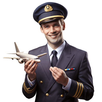 Smiling pilot holding model airplane on transparent background png
