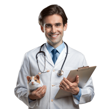 Smiling veterinarian holding a guinea pig with a clipboard on transparent background png