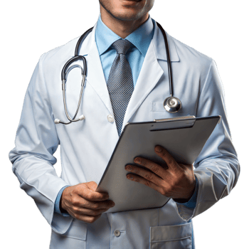 Confident doctor holding clipboard on transparent background png