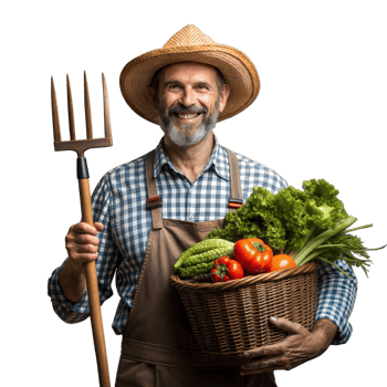 Smiling farmer holding basket of fresh vegetables on transparent background png