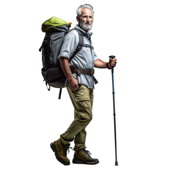 Senior man hiking with backpack and walking stick on transparent background png