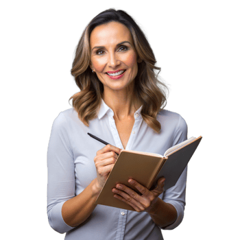 Smiling woman writing in notebook on transparent background png