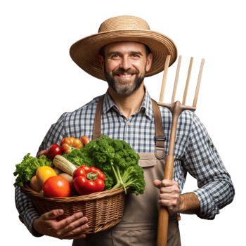 Smiling farmer holds basket of fresh vegetables on transparent background png