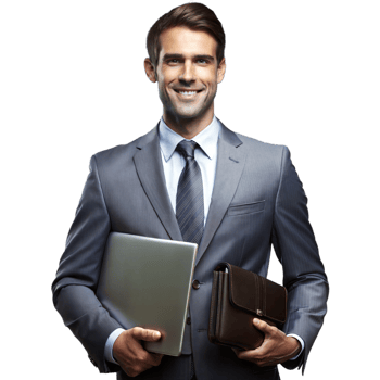 Confident businessman holding laptop and briefcase on transparent background png