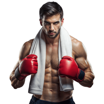 Fit boxer with red gloves and towel on transparent background png