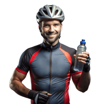 Smiling cyclist holding water bottle on transparent background png