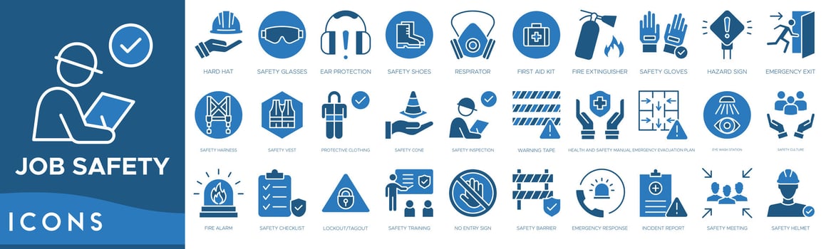Job Safety icon set. Hard Hat, Safety Glasses, Ear Protection, Safety Shoes, Respirator, First Aid Kit, Fire Extinguisher and Safety Gloves vector