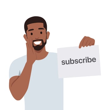 Young man holds a subscribe button with a call to click. vector