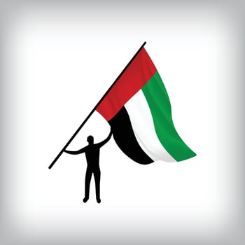 A man holds the flag of United Arab Emirates in the air. flag waving. National day realistic flag vector