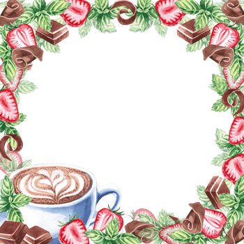 A cup of cappuccino on a plate, chocolate, mint are decorated in a square frame in a watercolor illustration. Hand drawn frame for menu, sign for cafe, restaurant, menu, goth cards, invitations png
