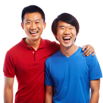 Two Asian Men Smiling and Laughing Together in Casual Clothing on Transparent Background png