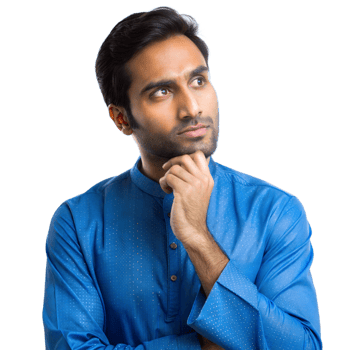 Young Indian Man Wearing Blue Kurta Thinking and Looking Up on Transparent Background png