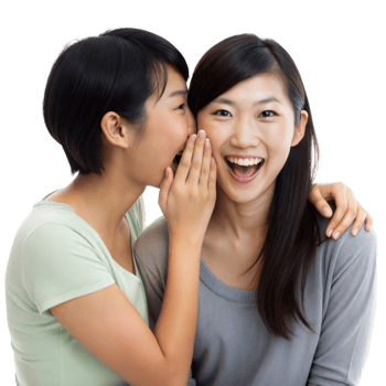 Two Young Women Whispering a Secret While Smiling on Transparent Background png
