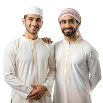 Two Muslim Men Standing Together in White Traditional Clothing on Transparent Background png