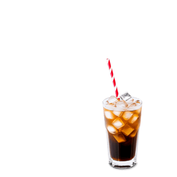 A glass of iced coffee with a red and white straw. The straw is in the middle of the glass and the ice cubes are scattered around the glass. png