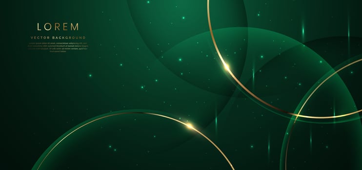 Abstract gold curved line on dark green background with lighting effect and sparkle with copy space for text. Luxury design style. vector