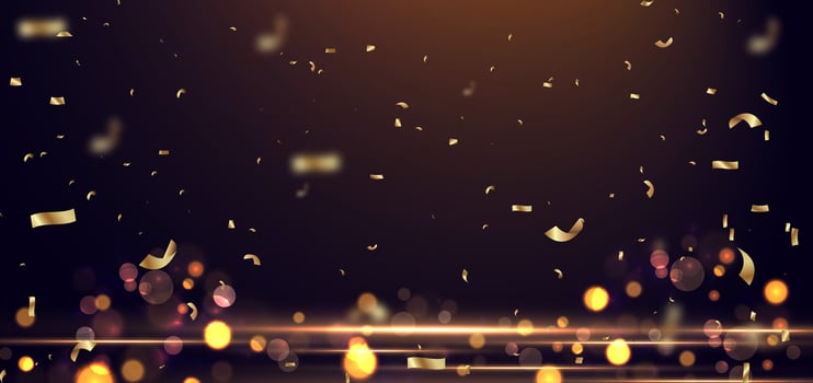 Golden confetti banner and flag on dark background. Celebration party happy concept. vector