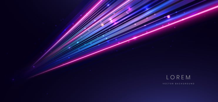 Abstract technology futuristic glowing blue and pink light lines with speed motion blur effect on dark blue background. vector