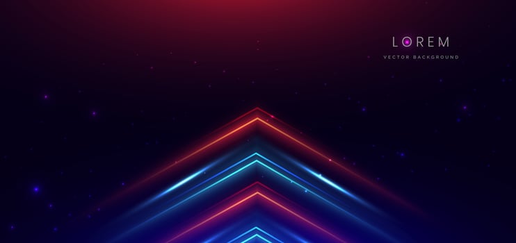 Abstract technology futuristic glowing neon triangles blue and red light lines with speed motion moving on dark blue background. vector