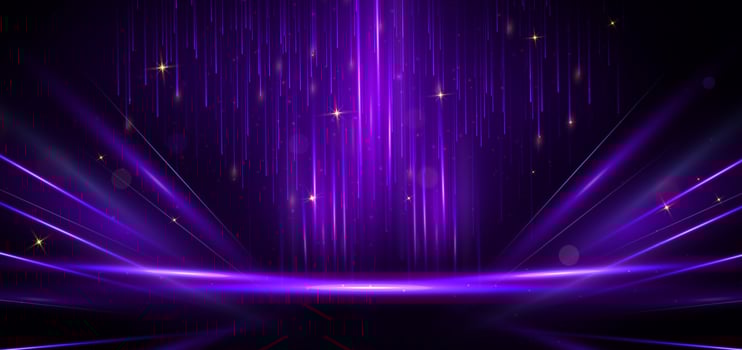 Abstract purple light rays on black background with lighting effect and bokeh. vector