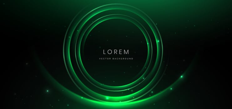Abstract technology futuristic neon circle glowing green light lines with speed motion blur effect on dark green background. vector