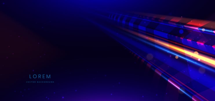 Abstract technology futuristic neon geometric glowing blue and red diagonal light lines with speed motion blur effect on dark blue background. vector