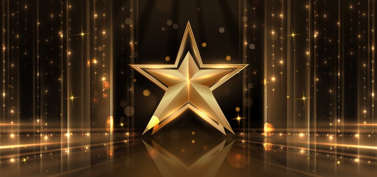 Abstract luxury golden star lighting effect glowing on dark brown background and sparkle. vector