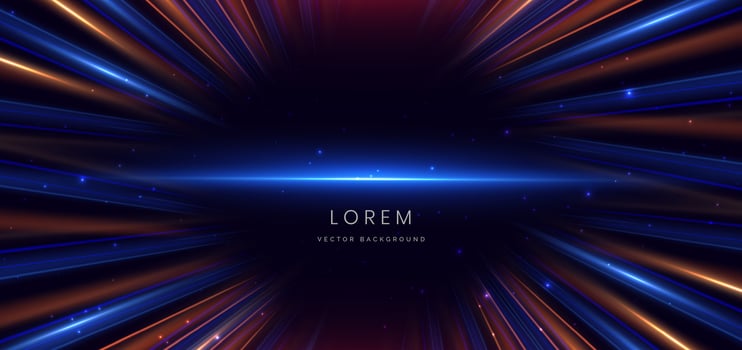 Abstract technology futuristic neon diagonal glowing blue and orange light ray with speed motion blur effect on dark blue background. vector