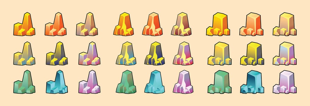 Set of isolated gold mine nuggets and rocks. Piles and heaps of golden gem stones. Solid jewels of natural shapes. Big and small shiny crystals of gemstones. Colored flat illustration vector