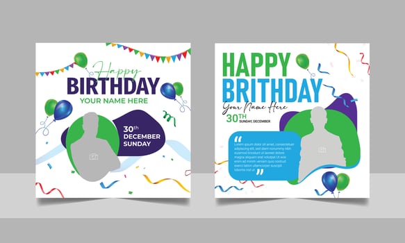 Birthday wishes social media post template, party invitation or greeting card, happy wedding anniversary celebration event square banner poster design set vector