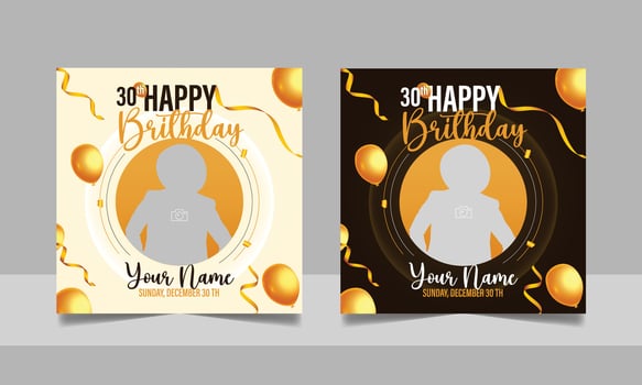 Birthday wishes social media post template, party invitation or greeting card, happy wedding anniversary celebration event square banner poster design set vector