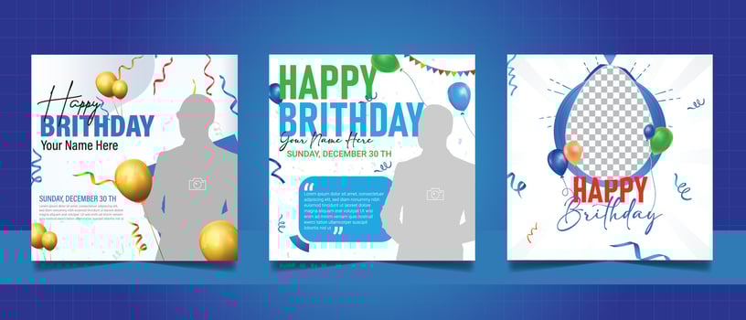 Birthday wishes social media post template, party invitation or greeting card, happy wedding anniversary celebration event square banner poster design set vector