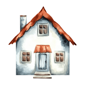 Cozy country house. Cartoon garden village home. Hand drawn watercolor illustration isolated. Provence style building facade. Forest hut in vintage. Clip art for sticker, embroidery, invitation, card. png