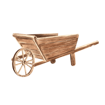 Wooden cart with wheel. Timber barrow for farm. Hand drawn watercolor illustration isolated. Rustic wheelbarrow. Garden equipment for harvest. Clip art for sticker, scrapbooking, invitation, card. png