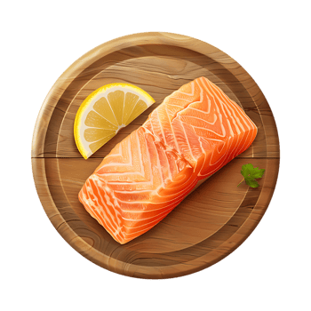 Salmon Fish with Lemon on Wooden Plate on Transparent Background png