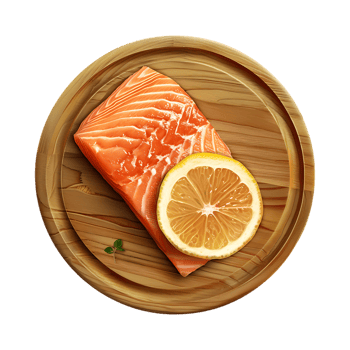 Salmon Fish with Lemon on Wooden Plate on Transparent Background png