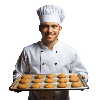 Smiling chef holding tray of freshly baked cookies png