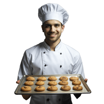 Smiling chef holding a tray of freshly baked cookies png