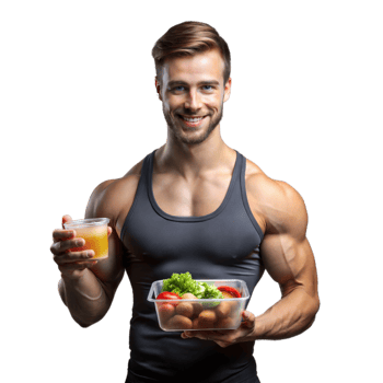 Healthy lifestyle concept with fit man holding meal prep and juice png