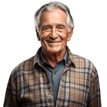 Smiling elderly man in plaid shirt on transparent background png