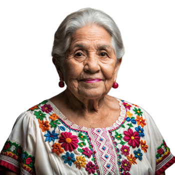 Elderly woman smiling in embroidered blouse with transparent background png