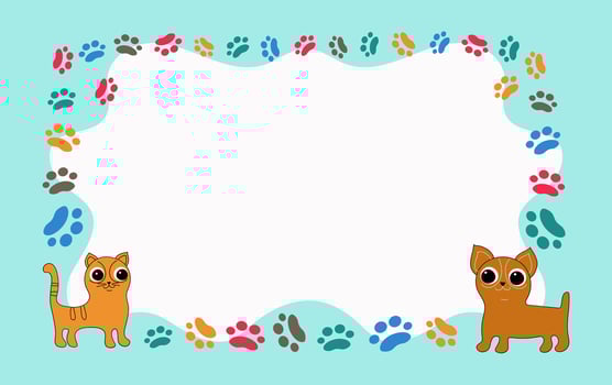 Frame cartoon dog, cat, footprints, paw prints animal, pets. Background for print design . Card with space for text. Pet products. Pet notice banner concept illustration. Background isolated. vector
