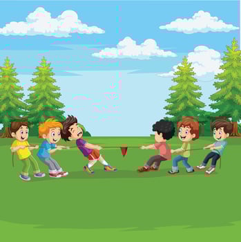 Cartoon group of children playing tug of war in the park vector