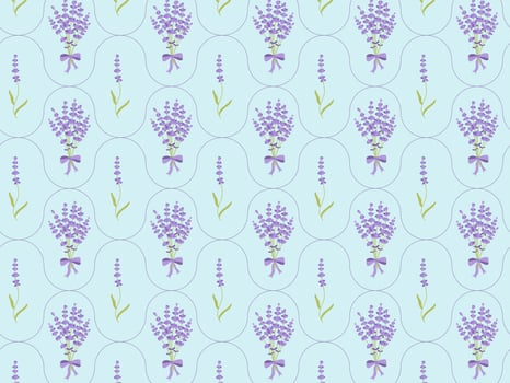 Beautiful floral damask pattern with purple lavender on the blue background. Botanical textile garment wallpaper, print, design. Hand-drawn illustration. vector