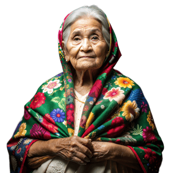 Elderly woman with colorful shawl on transparent background png