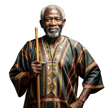 Elderly man in traditional attire with walking stick on transparent background png