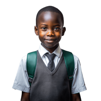 Young boy in school uniform with green backpack smiling png