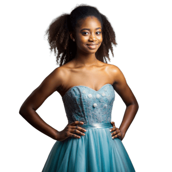 Elegant woman in blue dress smiling on transparent background png