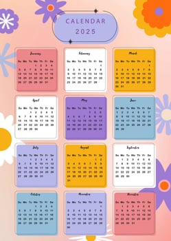 2025 table monthly calendar week start on Sunday with flower that use for vertical digital and printable A4 A5 size vector